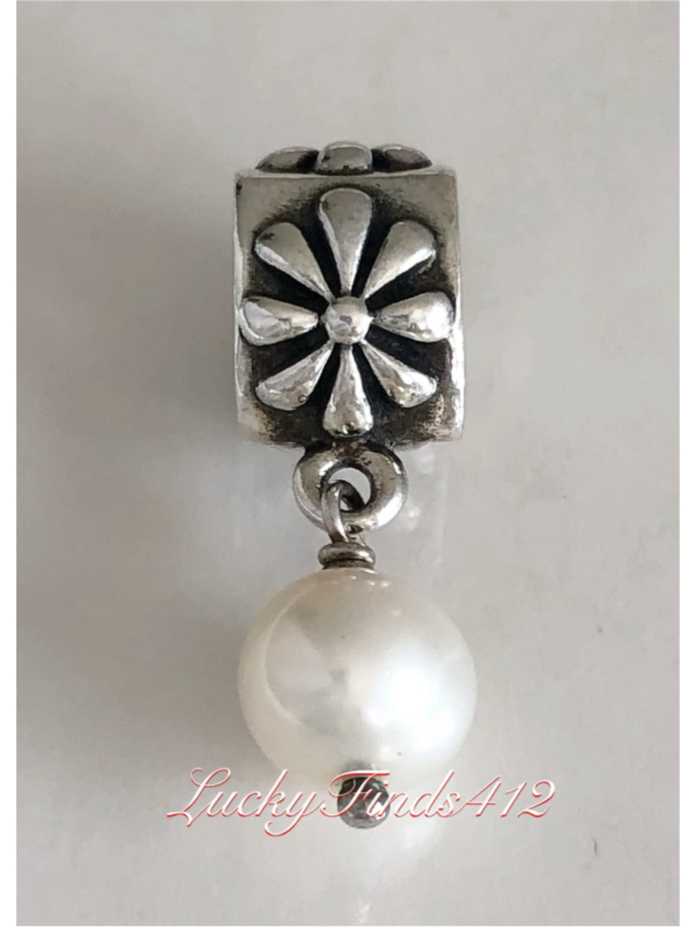 Authentic Pandora Simple Flower With Pearl Dangle Charm Sterling Silver Retired